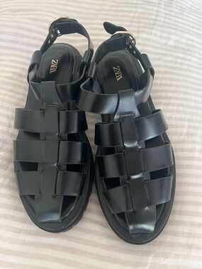 Zara Black Woven Leather Fisherman Sandals with Gold Buckle